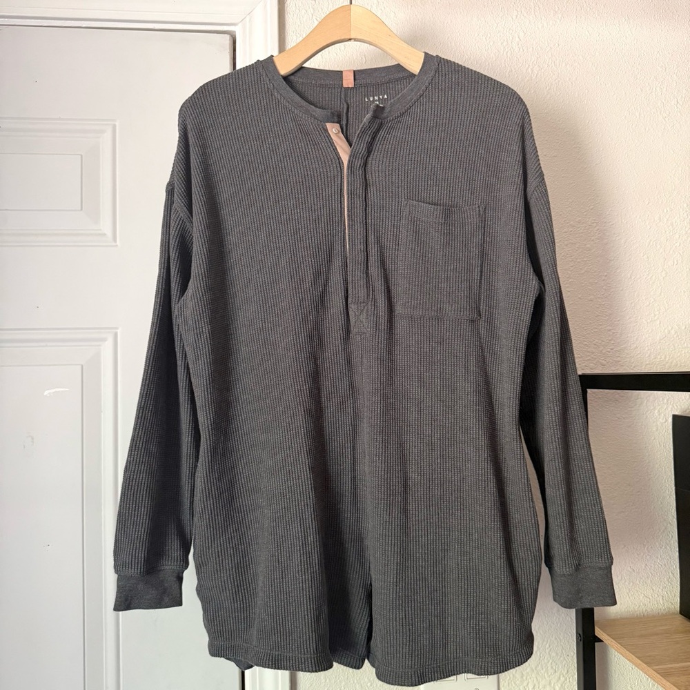 LUNYA charcoal grey pima cotton‎ waffle thermal long sleeve Henley pajama romper